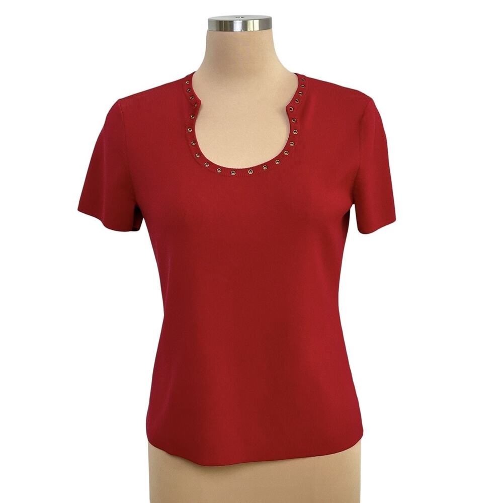 Cable And Gauge Short Sleeve Top Size Large Retro Grommet Neckline Red Statement